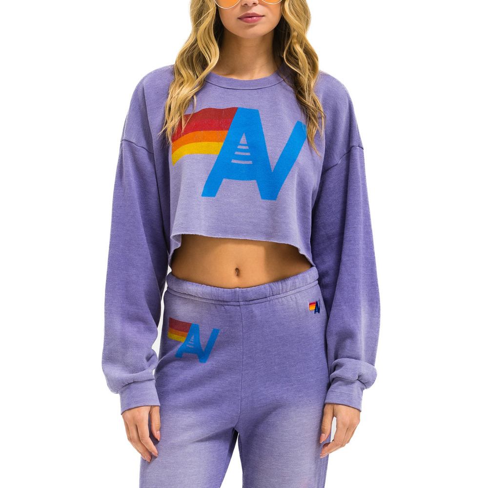 Aviator Nation Purple Cropped Sweatshirt with Rainbow Logo